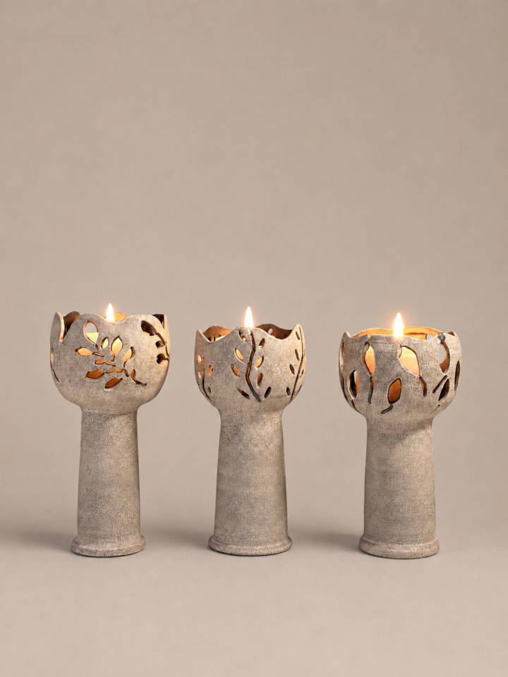 3’lü El Yapımı Seramik Mumluk Seti – Doğal Dokulu Stoneware