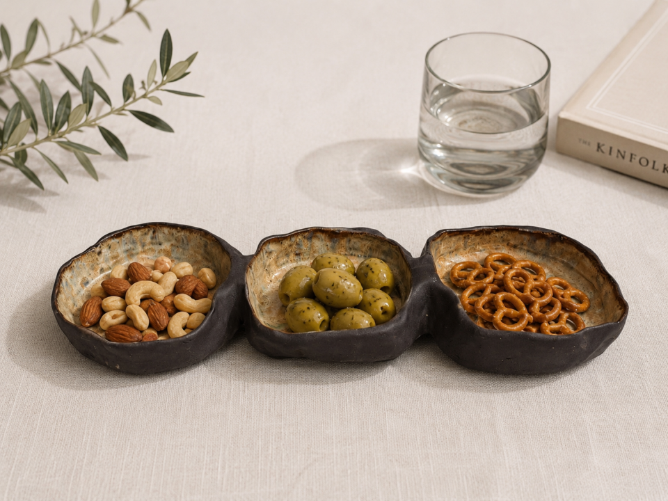 3'lü El Yapımı Seramik Sunumluk– Stoneware Trio Servis Tabağı