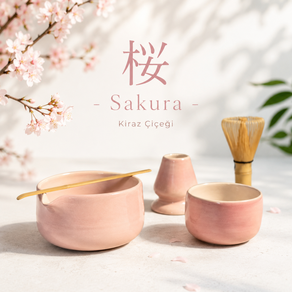 El Yapımı Matcha Seti - 3’lü - Sakura – Kiraz Çiçeği
